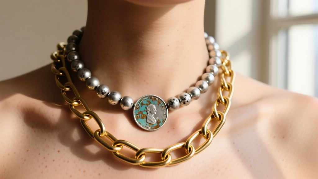 Close-up of a layered stack with an oxidized sterling silver coin bead necklace and a chunky 14k gold paperclip chain on skin