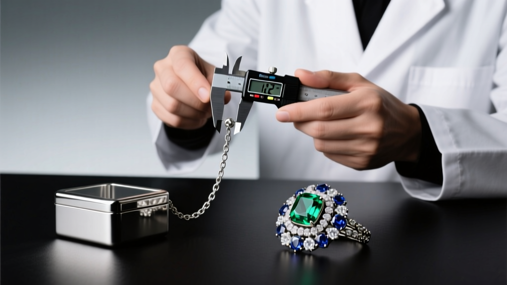 Jeweler using digital calipers to measure 1.2mm thickness of a sterling silver box chain next to a heavy multi-stone pendant.