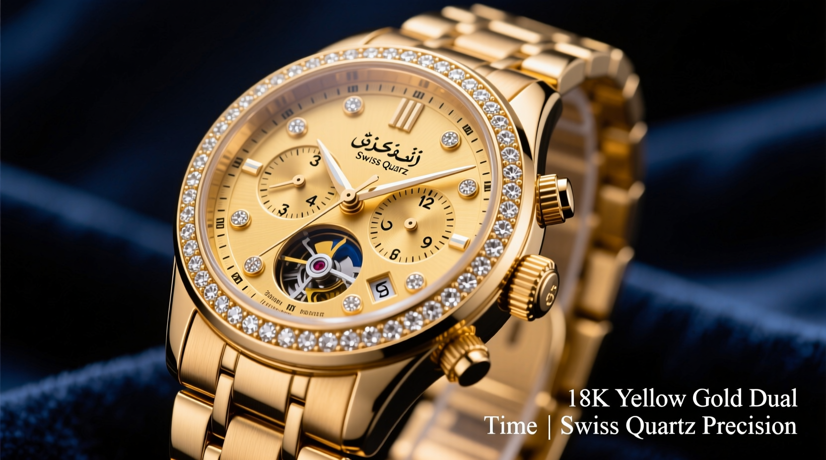 dual time clock in 18k yellow gold with diamonds quartz movement swiss made