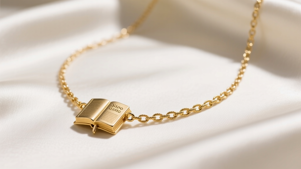 Close-up of woman wearing gold vermeil nano bible necklace over silk, focusing on 1.2mm cable chain links under soft studio light.