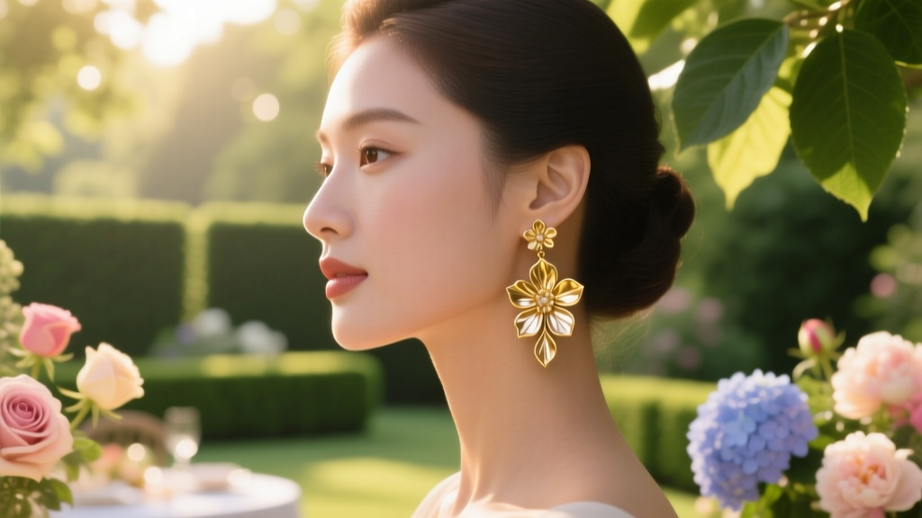 Side profile of a woman wearing gold floral drop earrings at a sunlit garden party, with a shallow depth of field background.