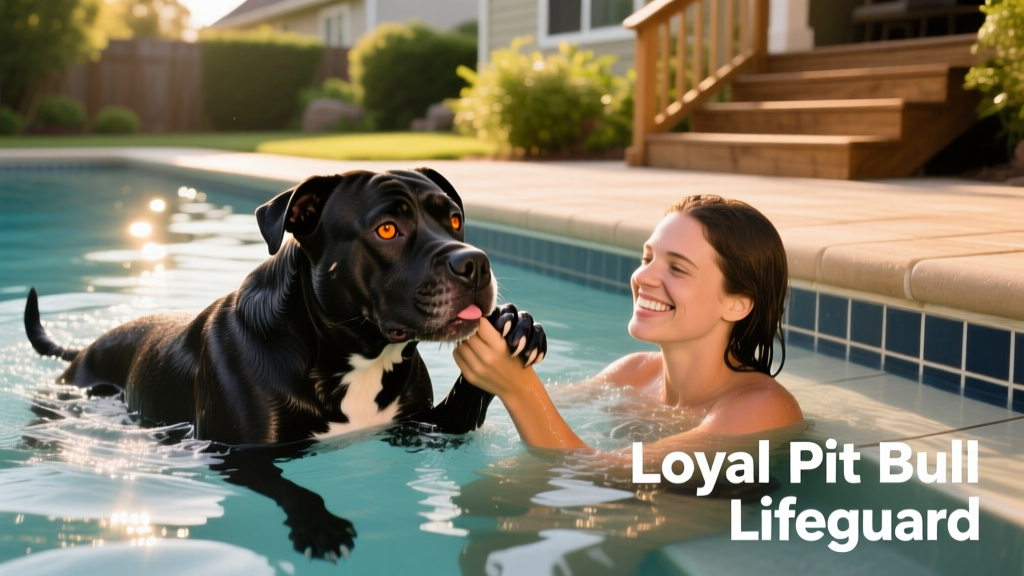 A pit bull gently holding a person's hand in its mouth while swimming toward pool stairs
