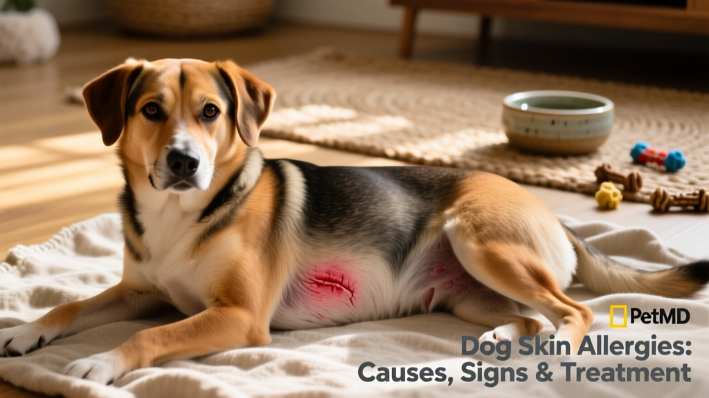 Dog with visible redness and irritation on belly and inner thighs