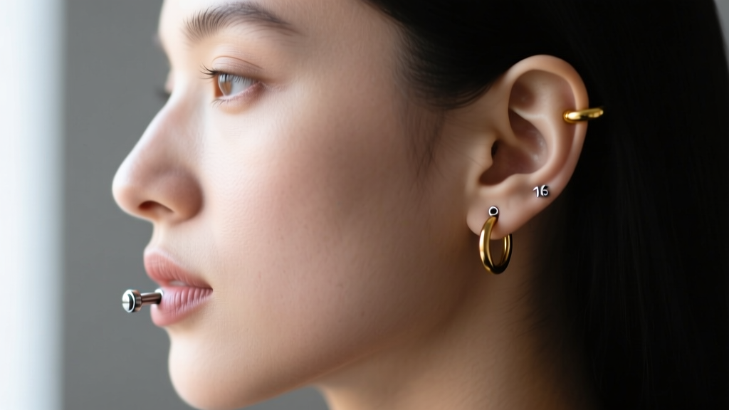 Side profile showcasing a lobe and helix piercing combo, wearing a titanium labret stud and a seamless 16-gauge gold hoop.