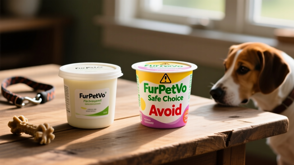 Side-by-side comparison of plain unsweetened yogurt and unsafe flavored yogurt containers labeled 'FurPetVo Safe Choice' and 'Avoid'