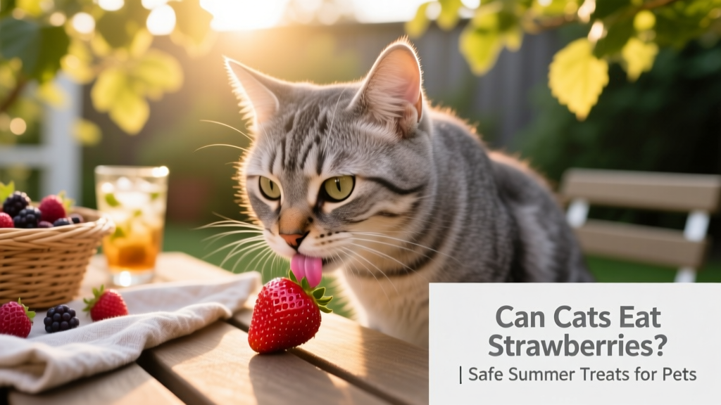 Gray cat gently nibbling a fresh strawberry