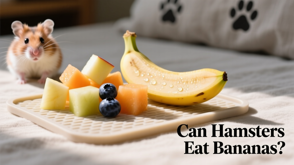 A variety of safe, washed fruit pieces—apple, blueberry, and cantaloupe—arranged beside a small banana slice on a pet-safe feeding mat