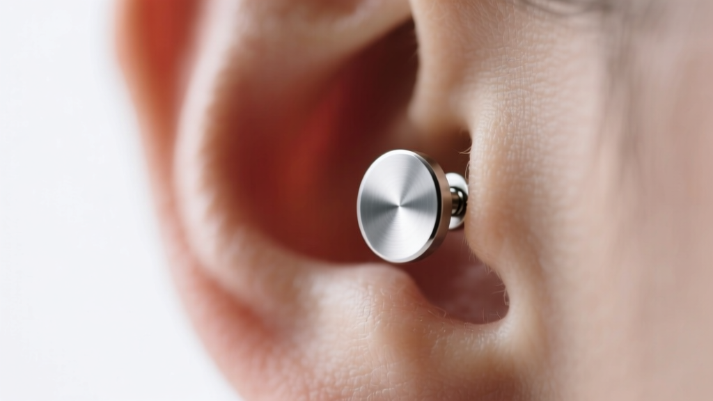 Close-up of a 16-gauge titanium flat-back stud flush against ear cartilage, lit by soft light to show the smooth disc base.