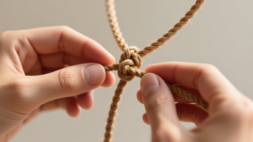 Hands tying a sliding macrame knot on a hemp cord for a pouch necklace, showing clear step-by-step finger placement and tension.