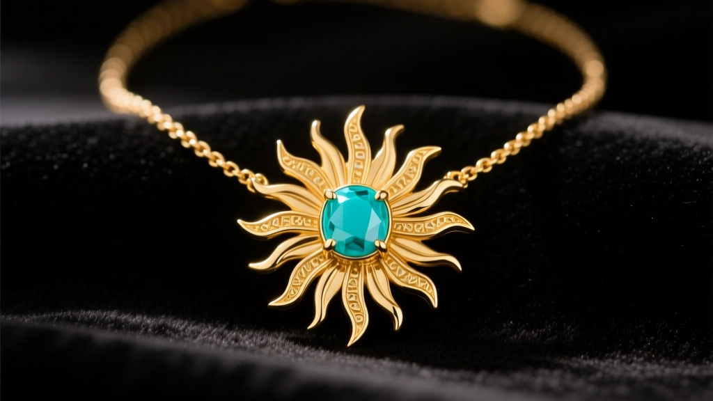 14k gold sunburst necklace with a turquoise center and radiating rays on dark velvet, lit by warm, directional studio lighting