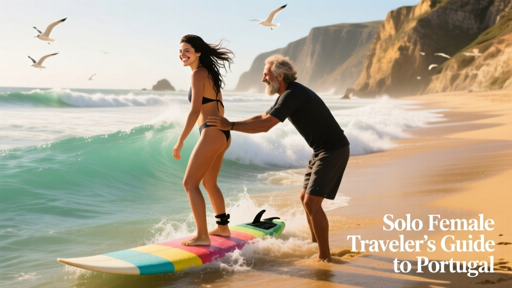 A woman learning to surf on a sunny day in Nazaré, supported by an instructor on the sandy shore