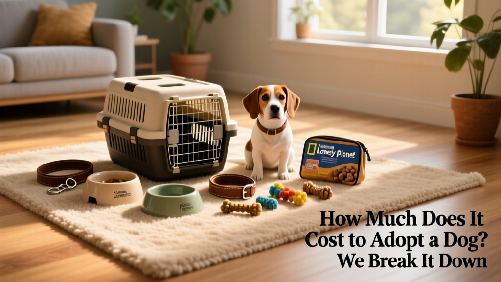 A well-organized setup with dog supplies: crate, bowls, leash, toys, and treats arranged neatly on a rug