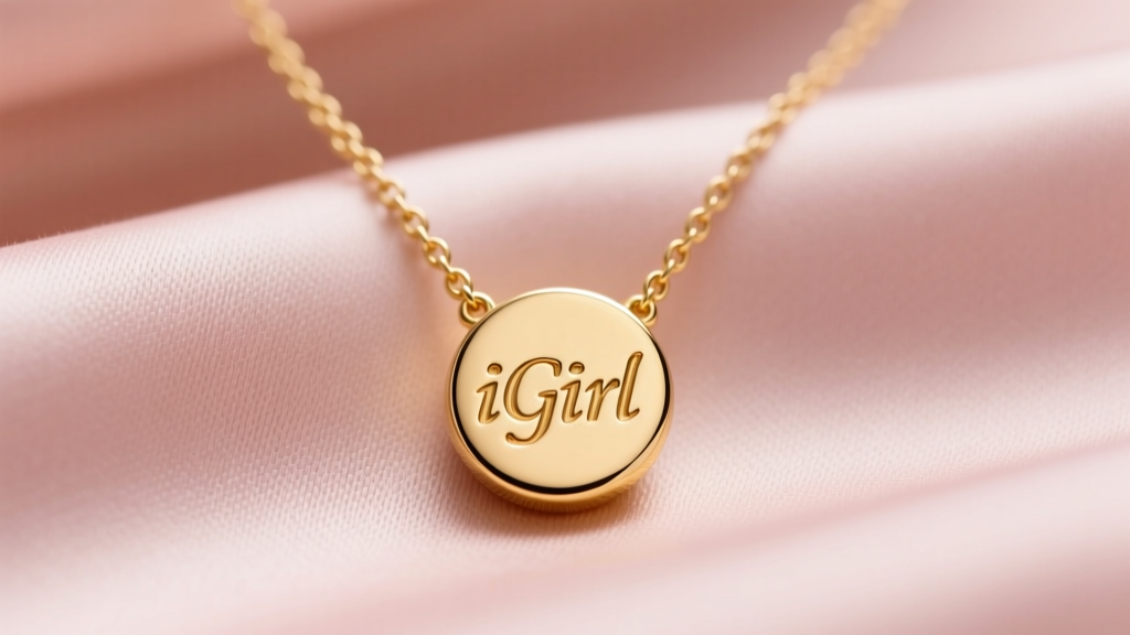Close-up of a delicate 18k gold vermeil iGirl necklace with a 10mm initial pendant resting on soft blush silk fabric background
