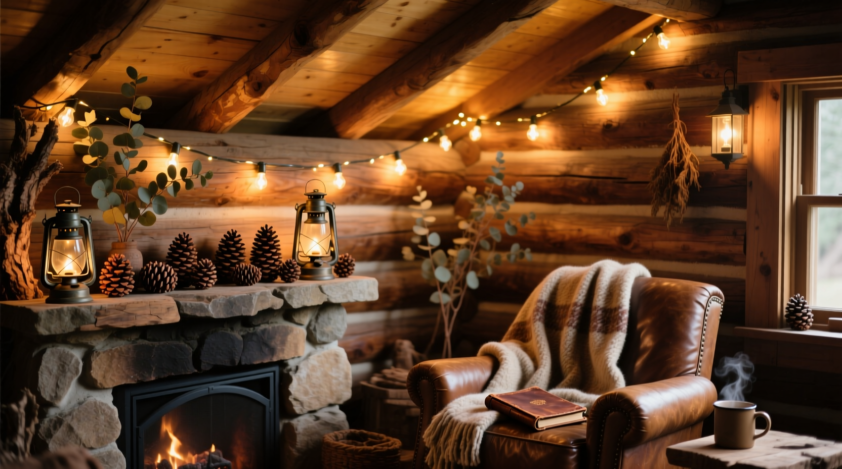 how to create a rustic cabin vibe using warm string lights and pine cones