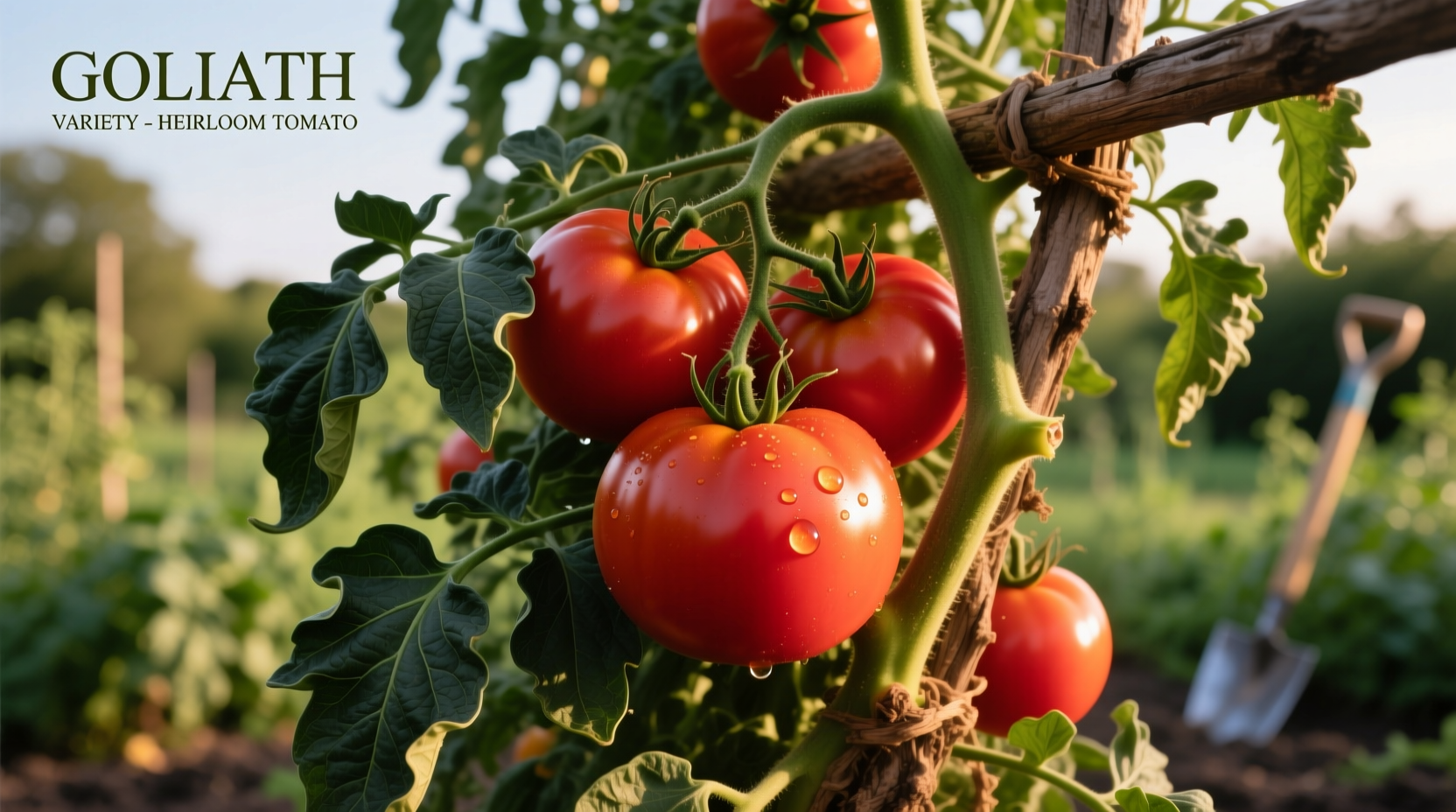 Goliath tomato plant with large red fruits on vine