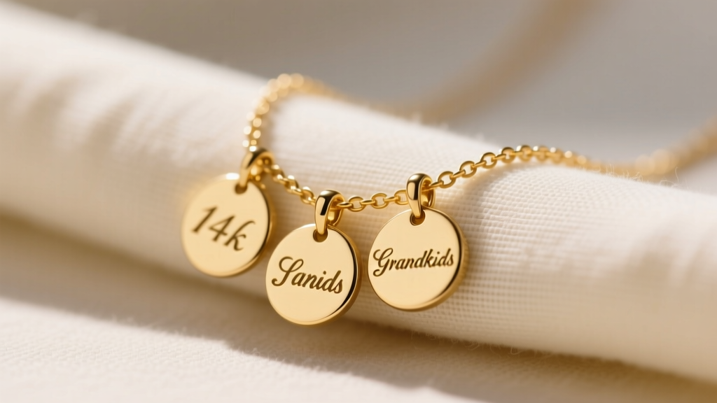 Macro shot of a 14k gold grandkids necklace with three stamped name pendants resting on soft cream linen cloth in warm light