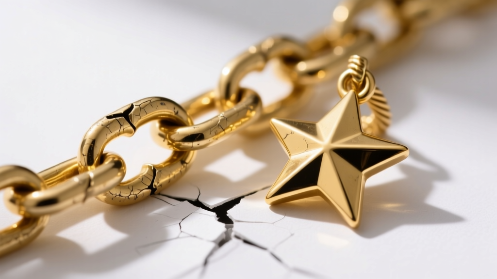 Macro shot of a broken 14k gold cable chain link next to a heavy gold star charm, showing metal stress and wear on white paper.