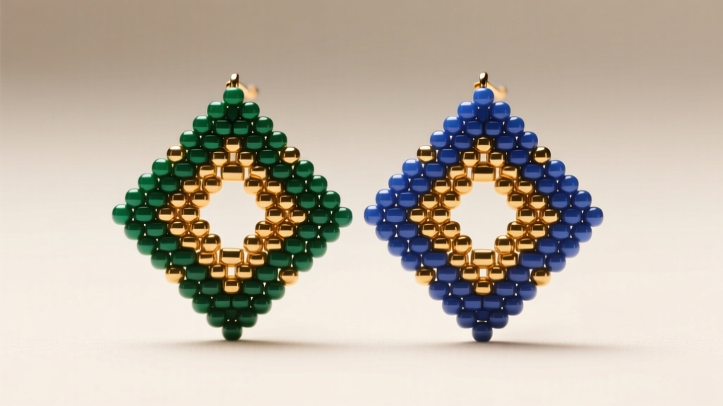 Macro shot of intricate peyote stitch beading earrings using matte metallic Miyuki Delica seed beads under soft studio lighting