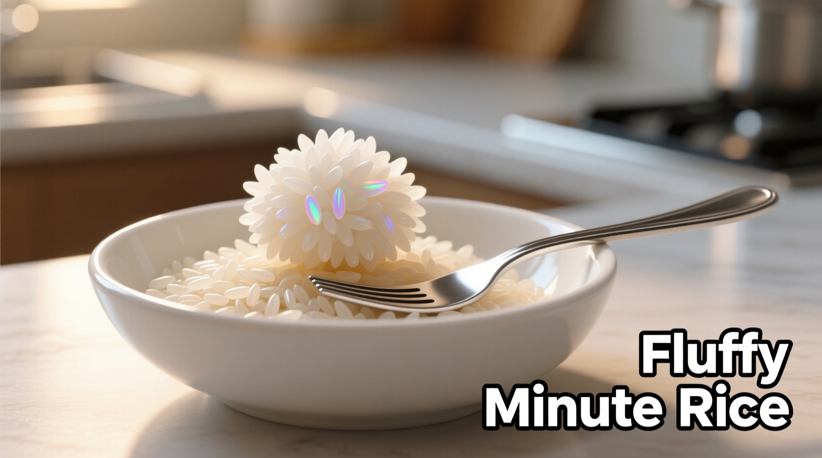 Fluffy minute rice in white bowl with fork