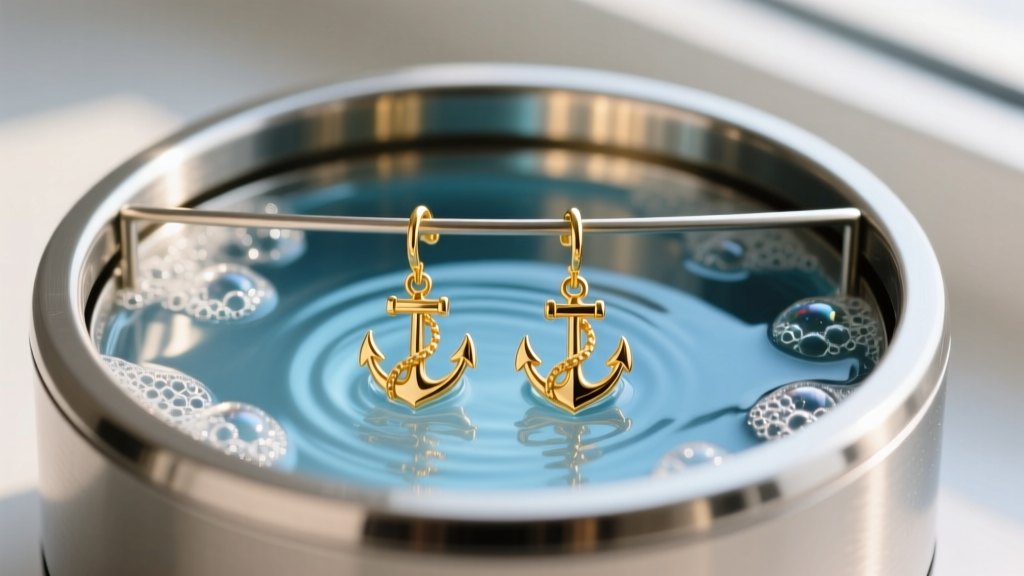 Ultrasonic jewelry cleaner filled with warm soapy water, with gold anchor drop earrings resting inside the stainless steel basket.