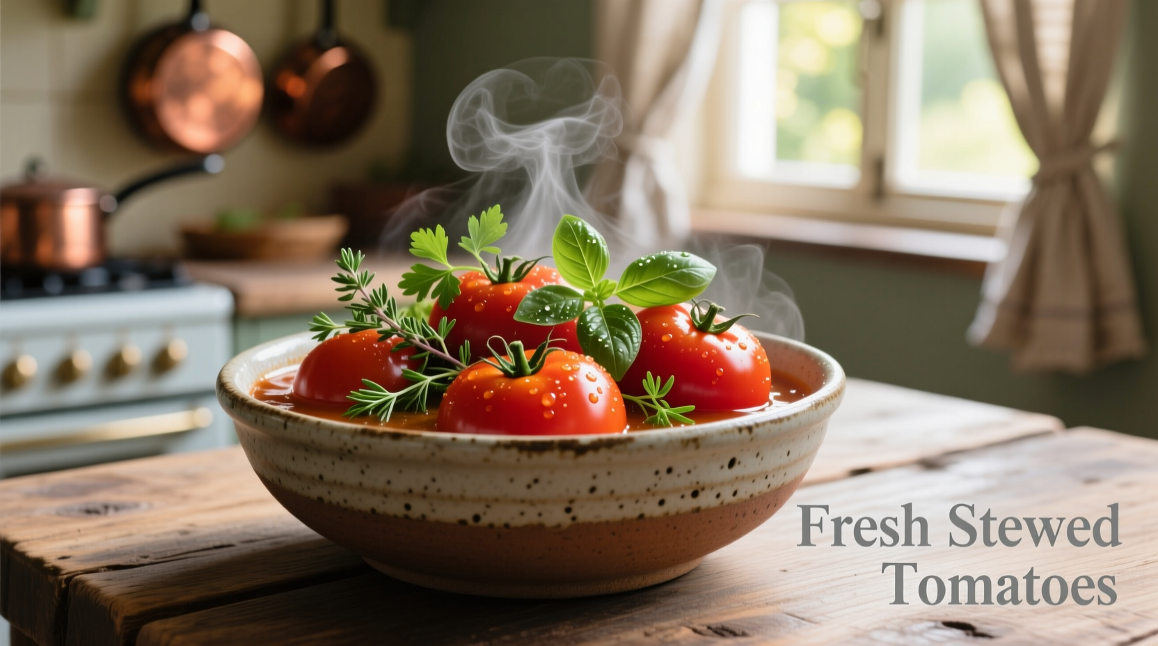 Fresh stewed tomatoes in a ceramic bowl with herbs