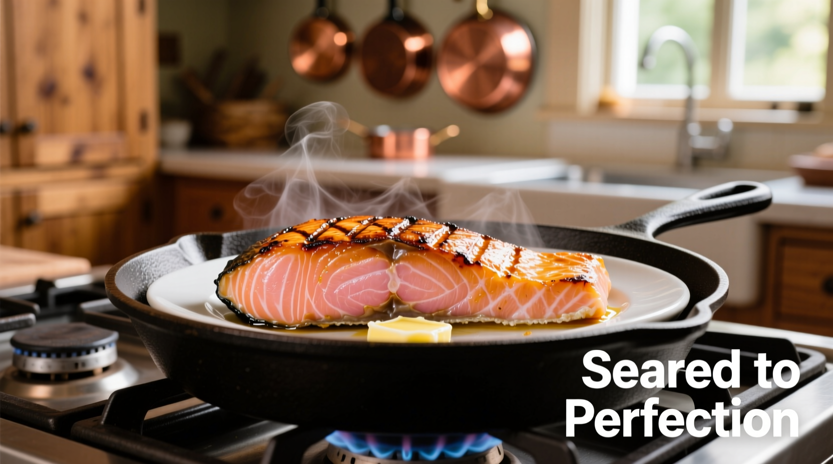 Perfectly seared salmon fillet on stove