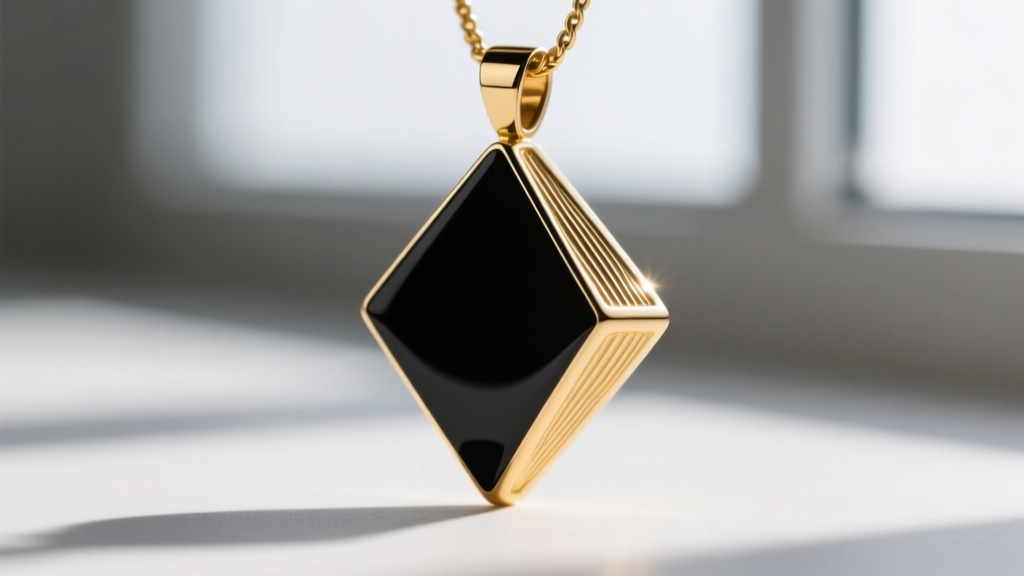 Macro shot of matte black enamel and gold brass geometric pendant, showing the seamless bezel setting and textured metalwork.