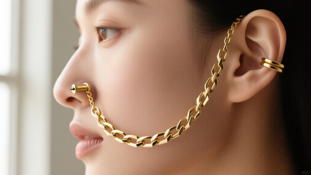 Close-up of an 18k gold nose-to-ear chain connecting a nostril screw to a helix cuff highlighting intricate link detailing