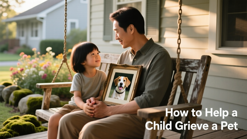 A child and parent sitting side-by-side on a porch swing, holding hands, looking at a framed photo of their dog