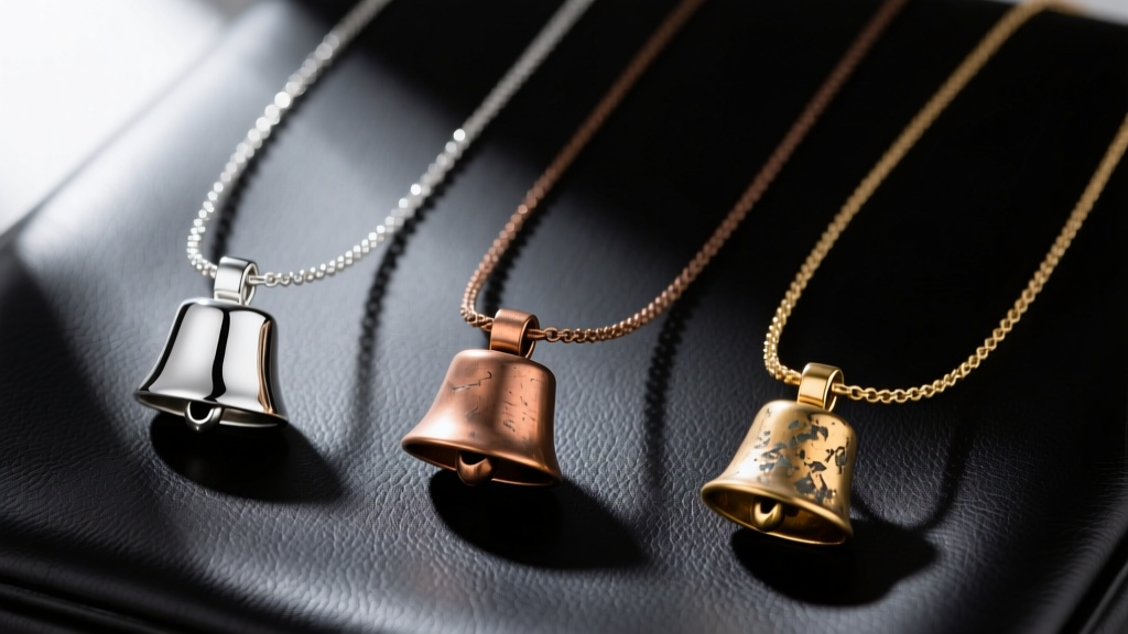 Flat lay of three cowbell necklaces in polished sterling silver, raw bronze, and antiqued brass on a dark leather surface