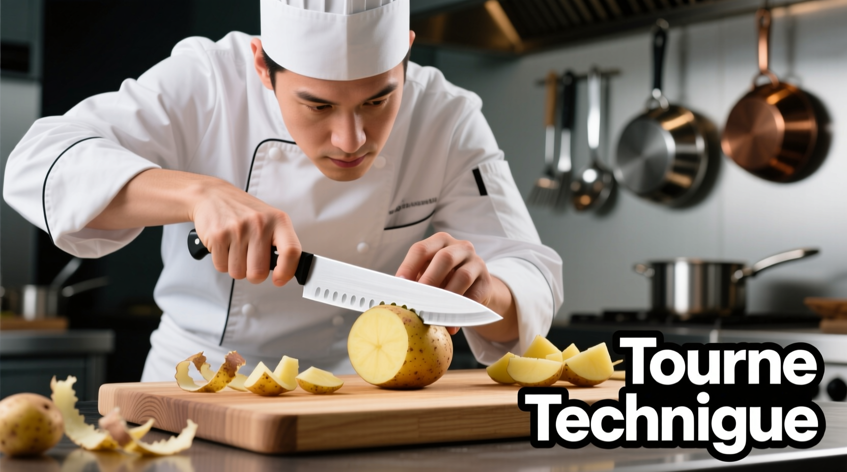 Chef demonstrating proper tourne potato cutting technique
