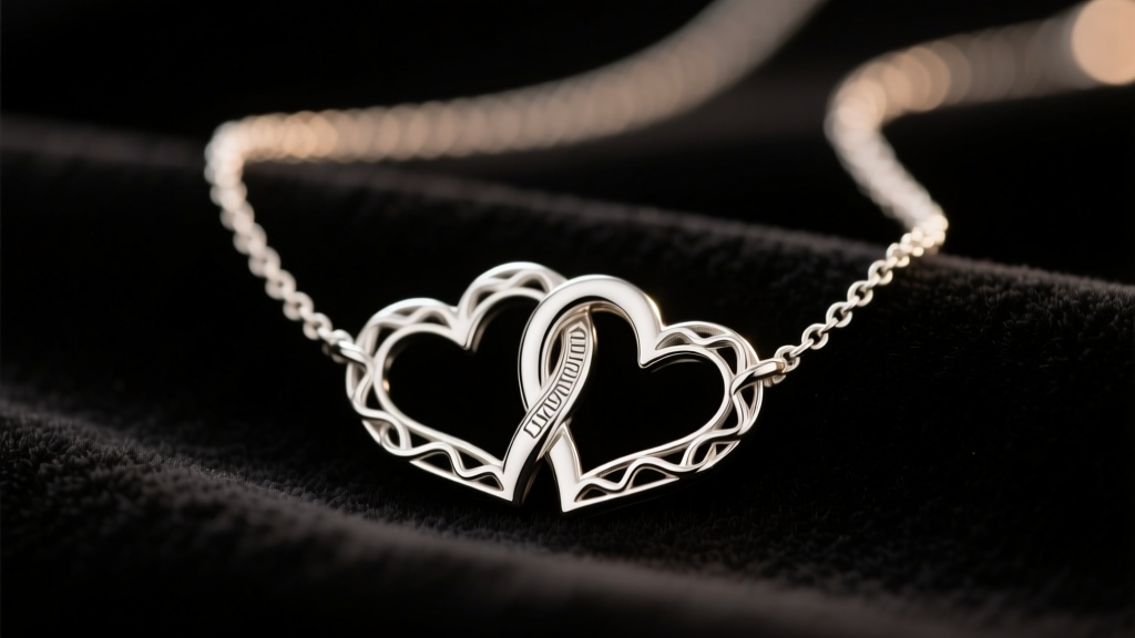 Close-up of an intertwined sterling silver two heart necklace resting on dark velvet under soft, warm studio lighting