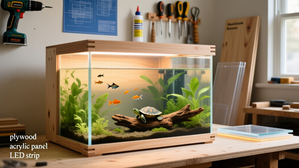 Side view of a finished plywood aquarium with clear acrylic viewing panels and integrated lighting
