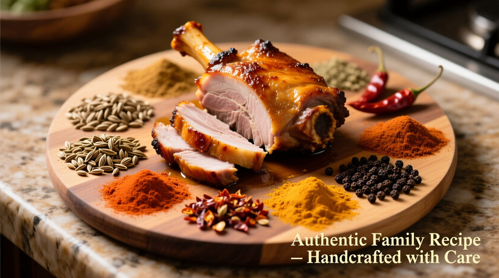 Spice blend ingredients arranged around roasted pork