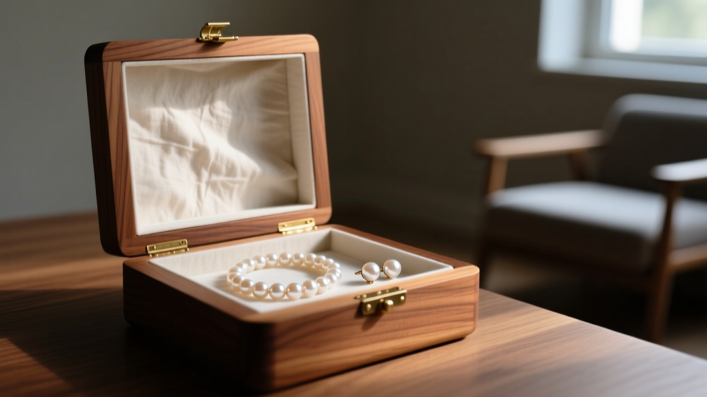 An open cedar wood jewelry box lined with unbleached cotton, holding a pearl necklace and matching studs in a dimly lit room.