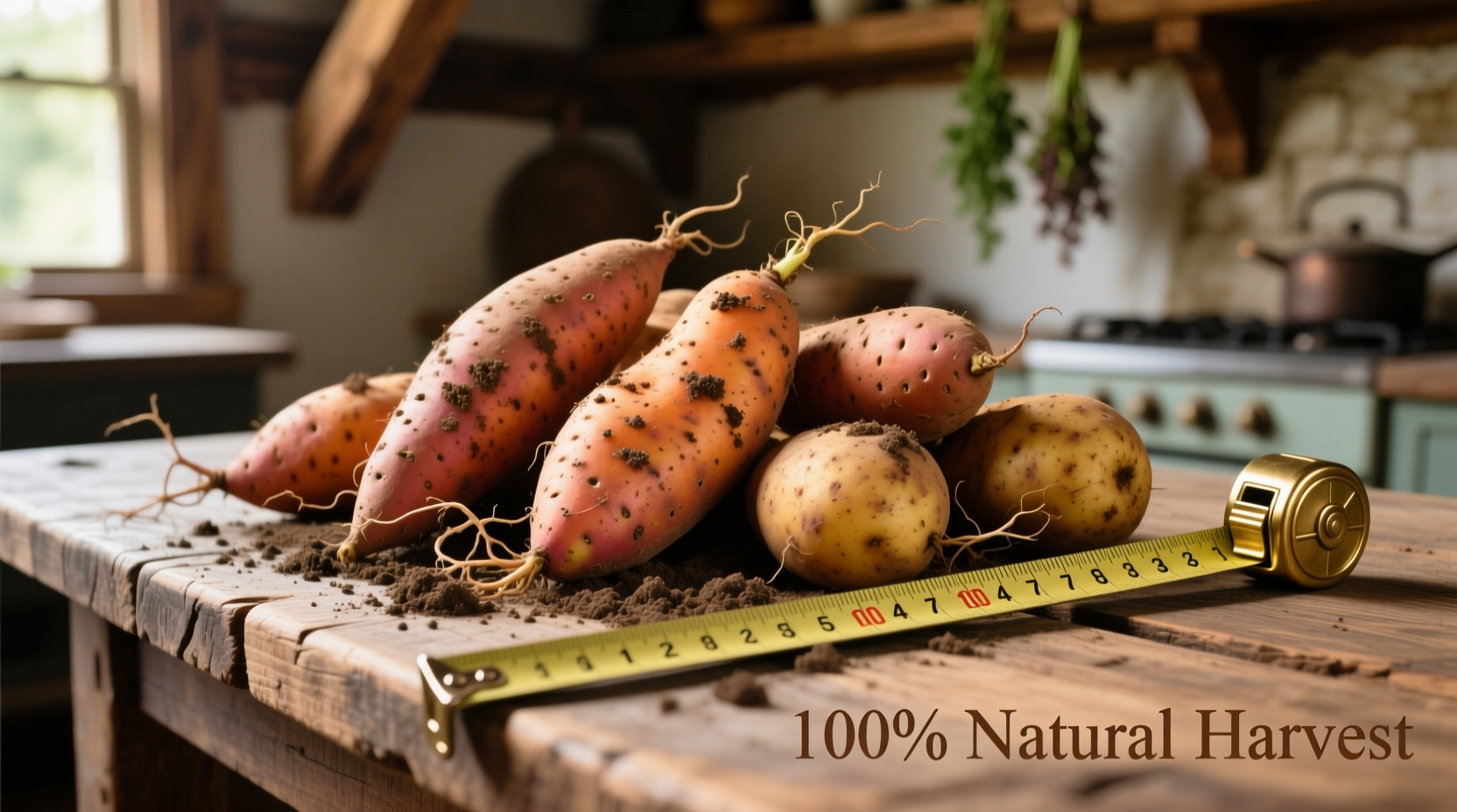 Fresh sweet potatoes on wooden table with measuring tape