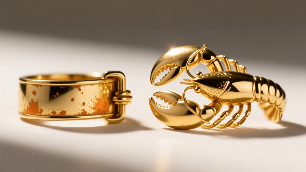 Tarnished gold vermeil necklace clasp next to a pristine solid 18k gold lobster clasp under bright jewelry loupe lighting.