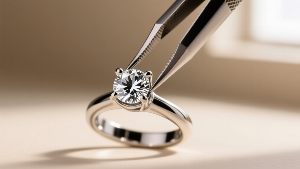 Close-up of a prong pusher tool tightening four silver prongs holding a round cubic zirconia stone in a sterling silver setting.