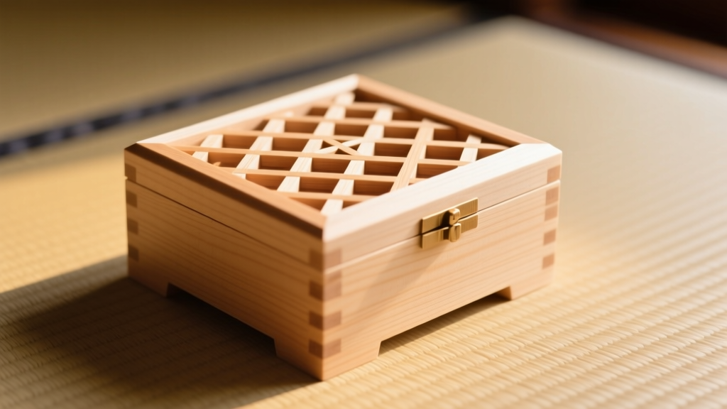 Close-up of a pale Kiri wood Japan jewelry box with Kumiko lattice lid detailing, resting on a woven tatami mat in warm lighting.