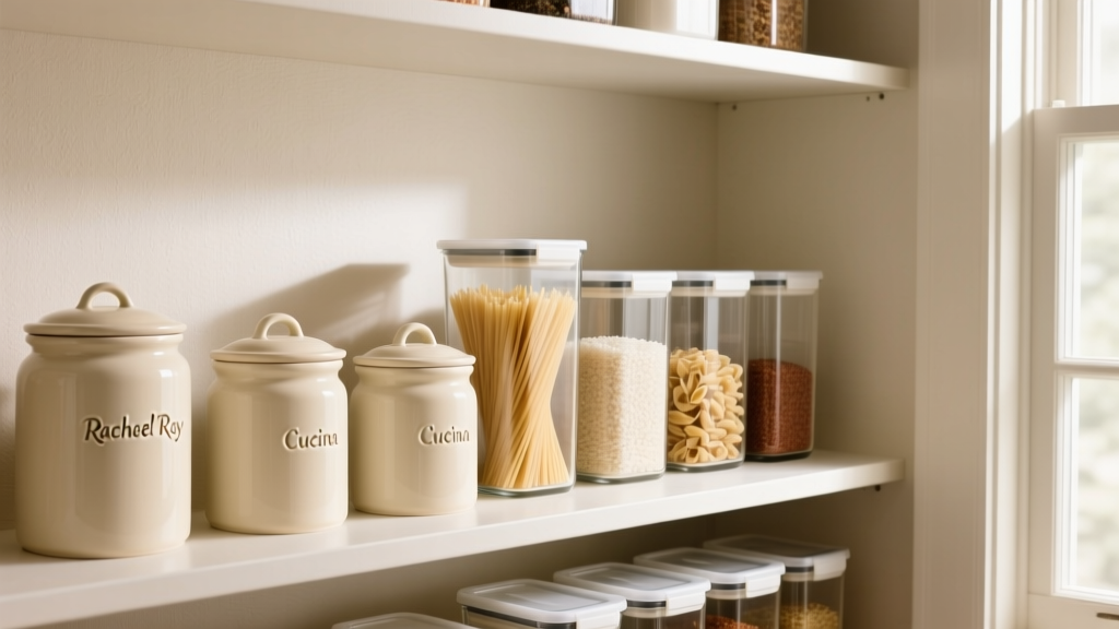 Pantry shelves organized with cream-colored Rachael Ray Cucina stoneware canisters and clear Evoke glass food storage containers