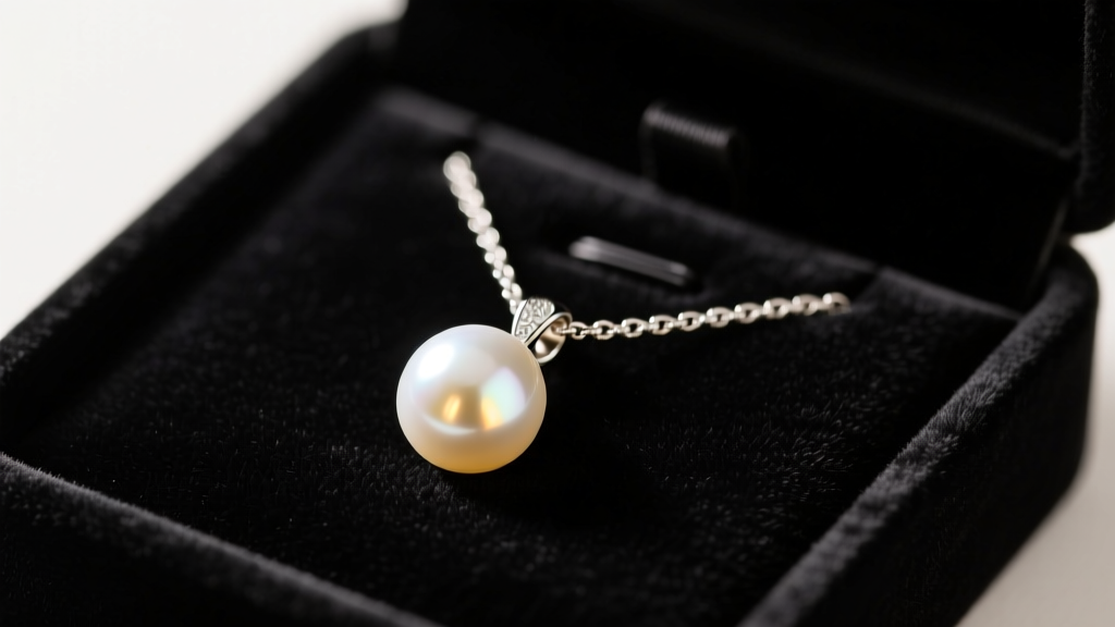 Velvet box displaying a luminous white Akoya pearl pendant on a delicate sterling silver chain, lit by soft warm studio lighting