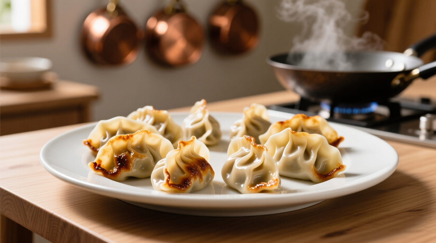 Golden brown potstickers with crispy bottoms arranged on white plate