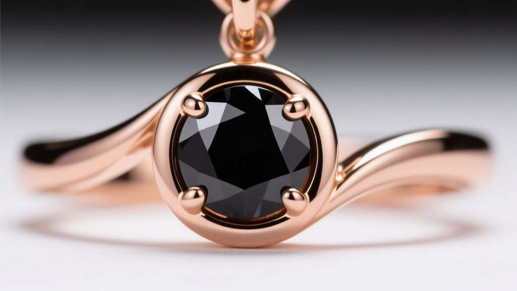 Macro shot of an 18k rose gold bezel setting securing a round black diamond, highlighting the smooth rim for dangle styles.