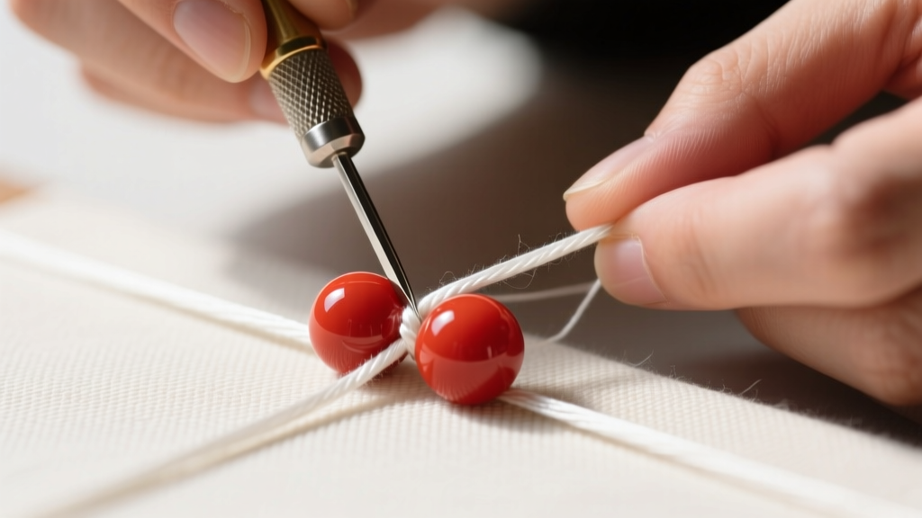 Close-up of hands using a metal awl to tightly knot white silk thread between two round polished red coral beads on a beading mat