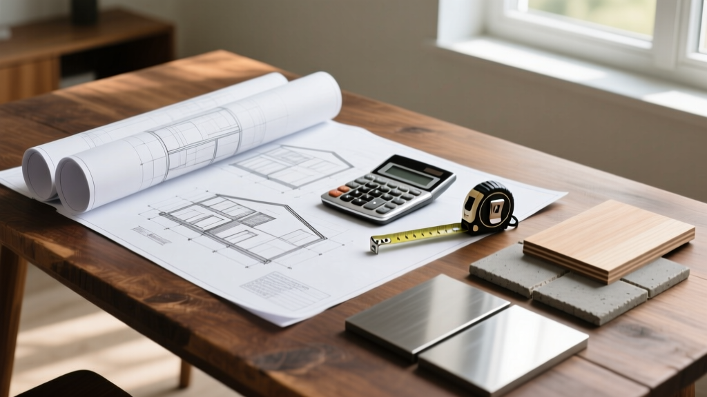 Architectural blueprints spread across a wooden table next to a calculator, tape measure, and material samples for a modern home build