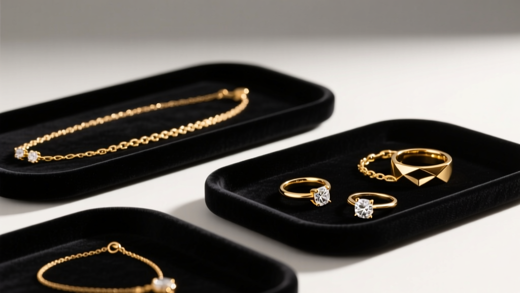 Dark velvet trays holding wholesale 18k gold jewelry, including delicate chains and rings, lit by warm boutique lighting