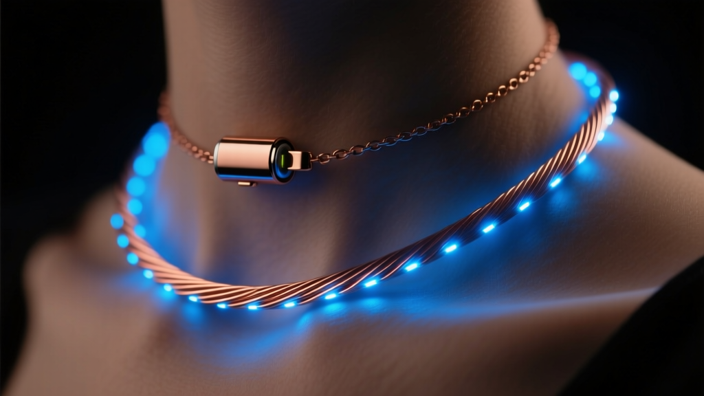 Macro shot of micro-LED copper wire necklace glowing in the dark, showing the thin wire gauge and small hidden battery clasp.