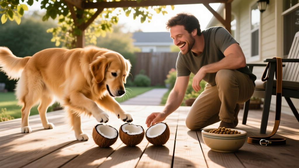 Dog playing shell game with her human