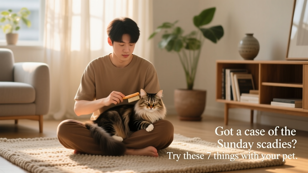 A person seated cross-legged on a rug, gently brushing their cat while both appear peaceful and connected