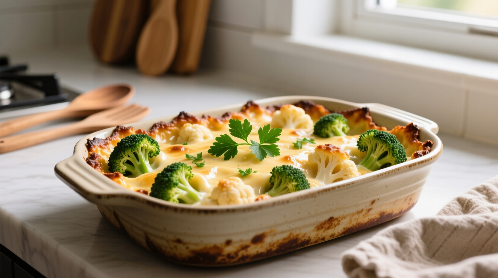 Healthy broccoli cauliflower casserole in baking dish